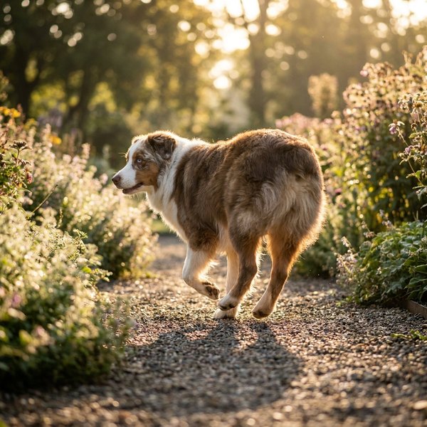 Dog running on a garden path