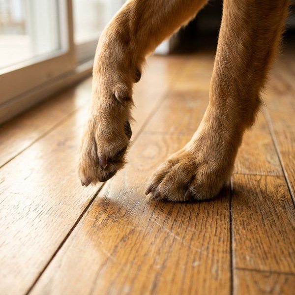 Close-up of dog paws on a wooden floor
