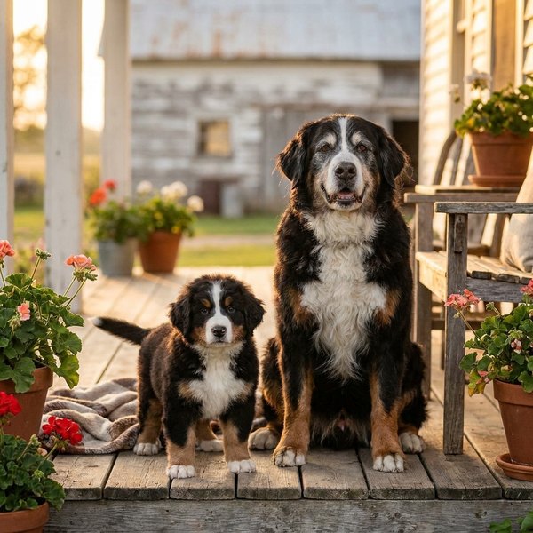 Senior dog sitting beside a puppy