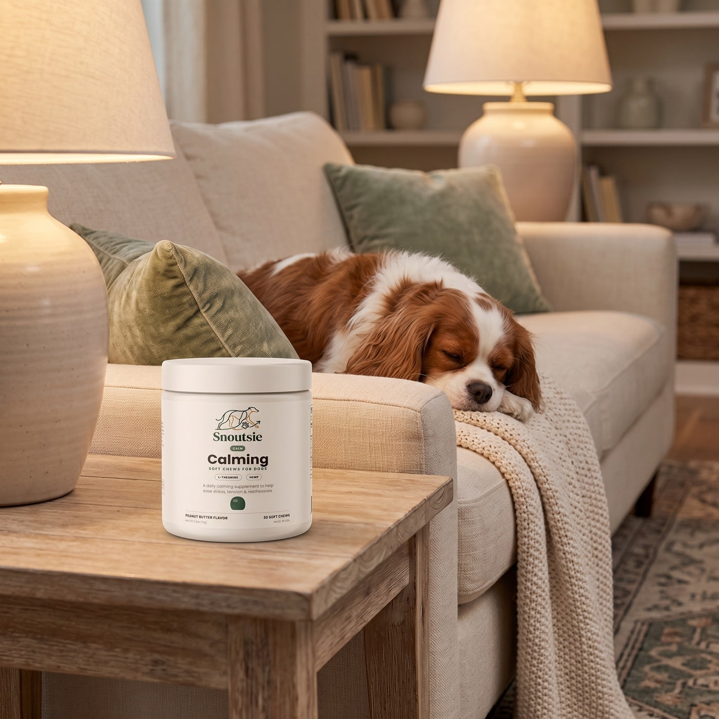 A Cavalier King Charles Spaniel resting beside a jar of Snoutsie Calming chews