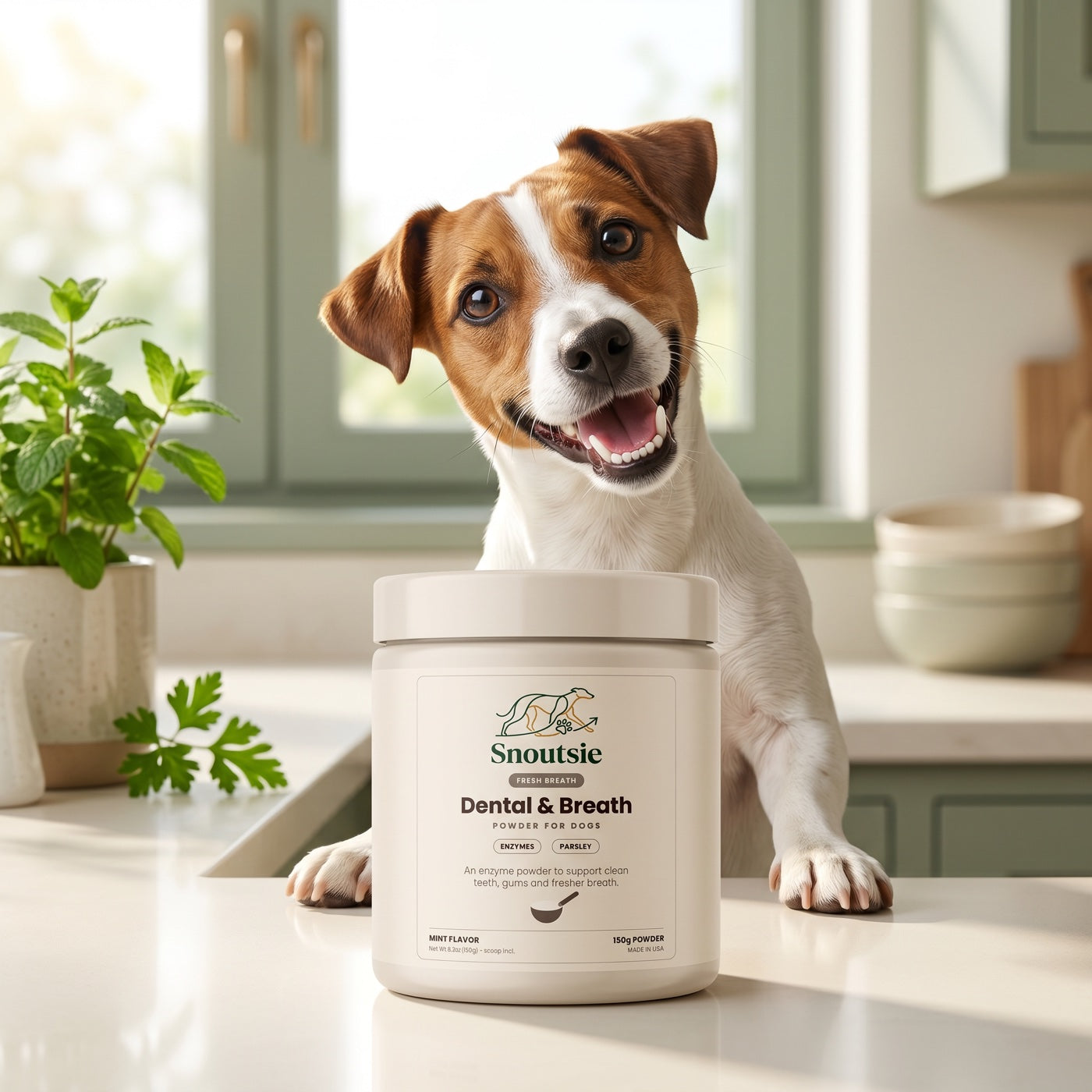 A grinning Jack Russell behind a jar of Snoutsie Dental & Breath