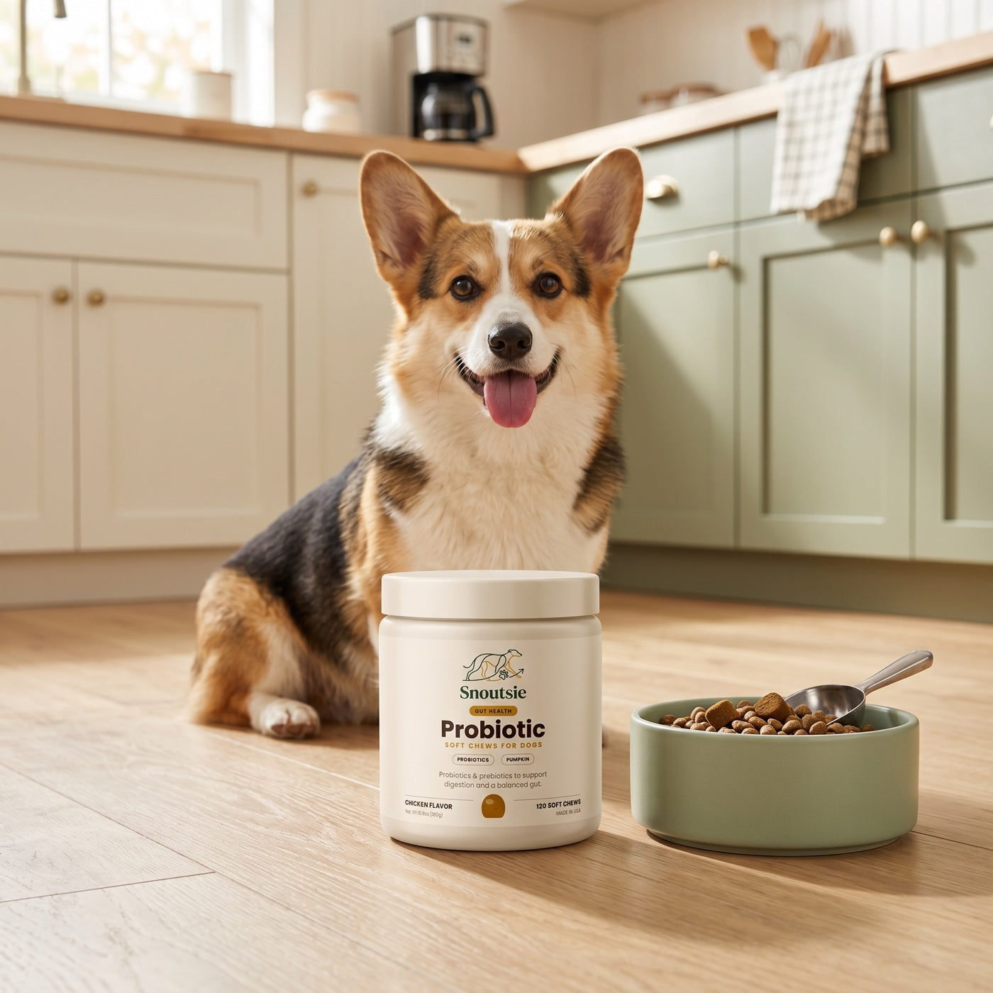 A Corgi at breakfast beside a jar of Snoutsie Probiotic & Gut chews