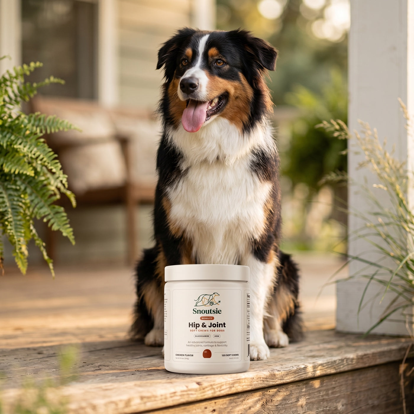 An Australian Shepherd sitting proudly behind a jar of Snoutsie Hip & Joint soft chews