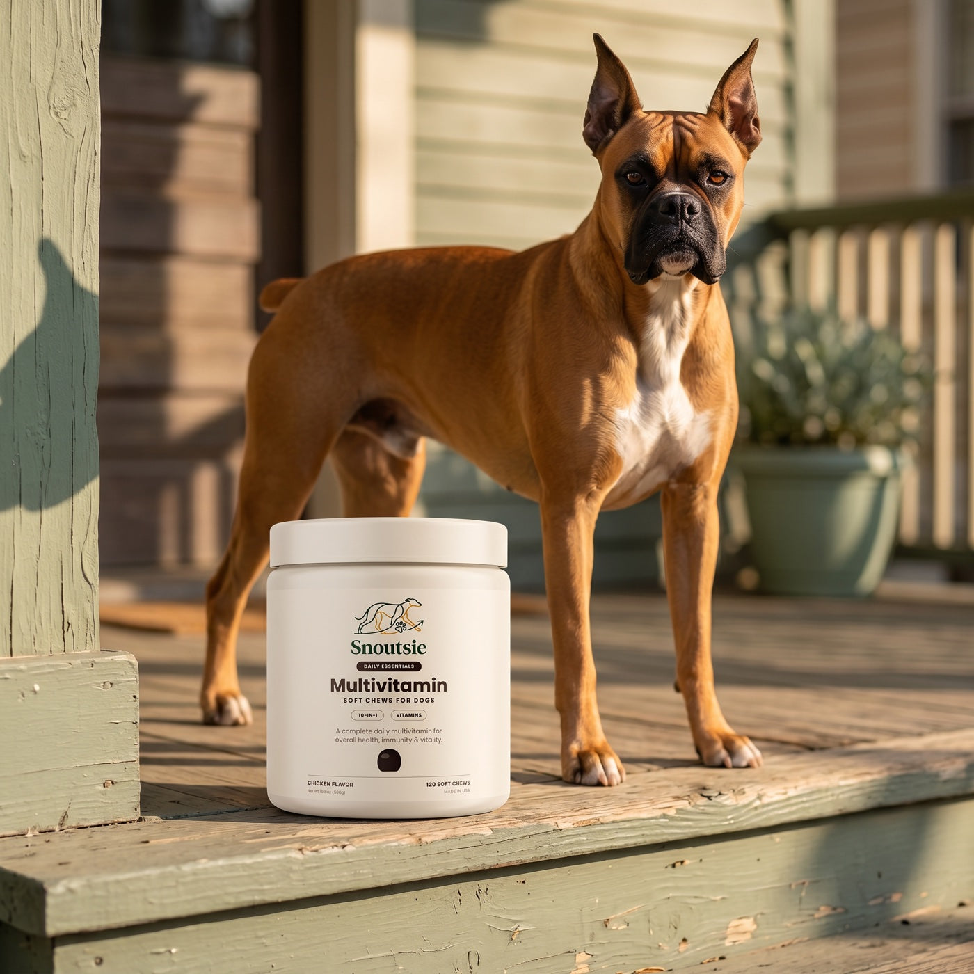 An athletic Boxer behind a jar of Snoutsie Multivitamin