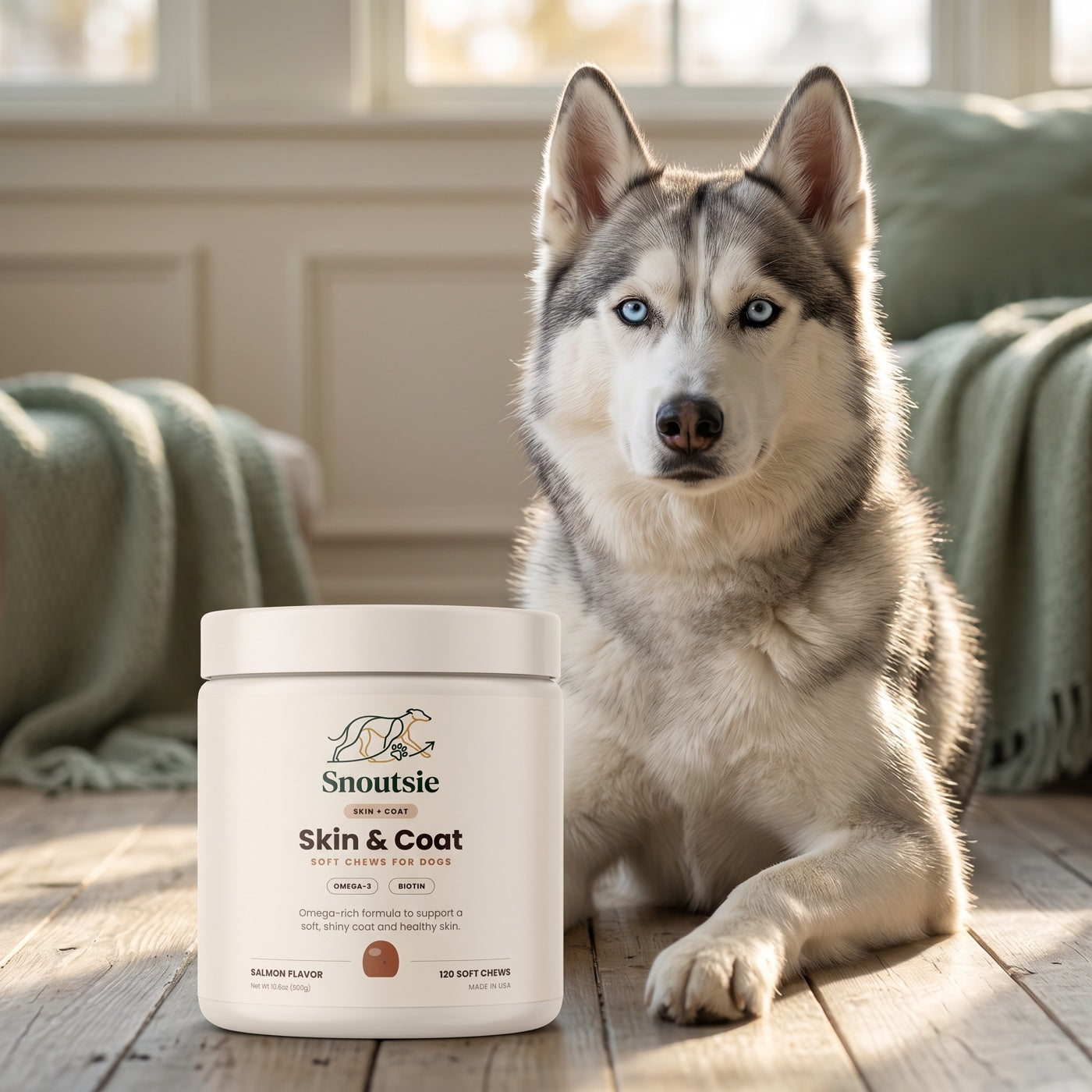 A glossy-coated Husky behind a jar of Snoutsie Skin & Coat chews