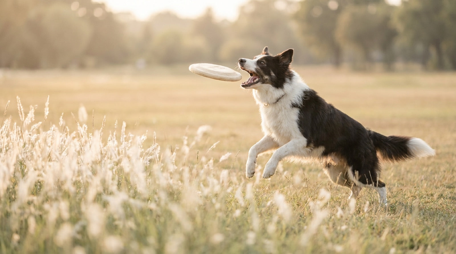 A border collie leaping to catch a frisbee in a sunlit meadow