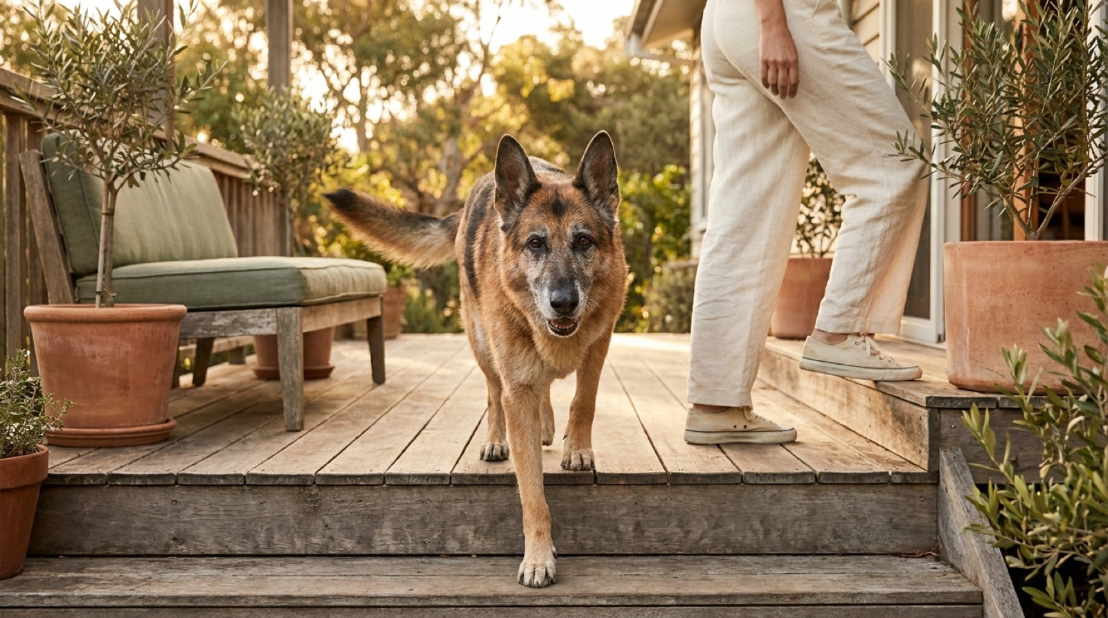 A senior German Shepherd walking confidently up porch stairs