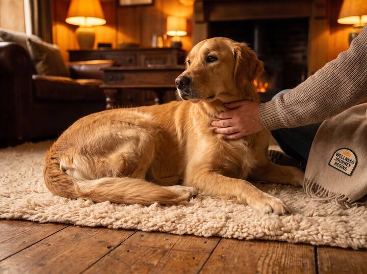 The same golden retriever sitting up alert by the fire at week two