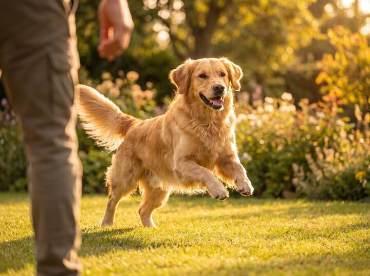 The golden retriever bounding happily through a sunny garden at week six
