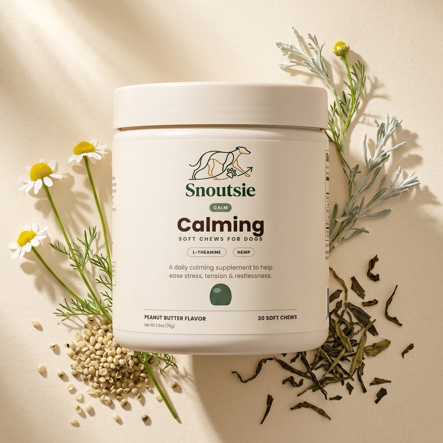 Snoutsie Calming jar surrounded by chamomile flowers, hemp seeds and green tea