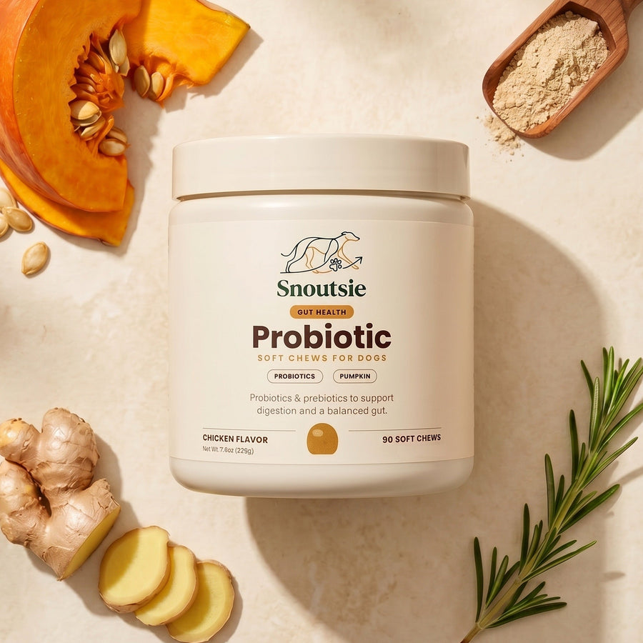 Snoutsie Probiotic jar surrounded by pumpkin, ginger and rosemary