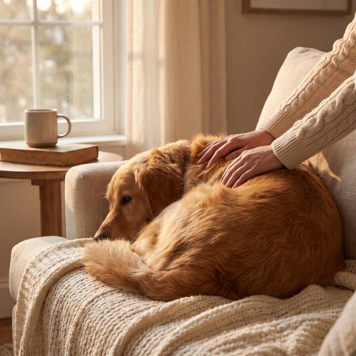 A calm, relaxed dog resting at home
