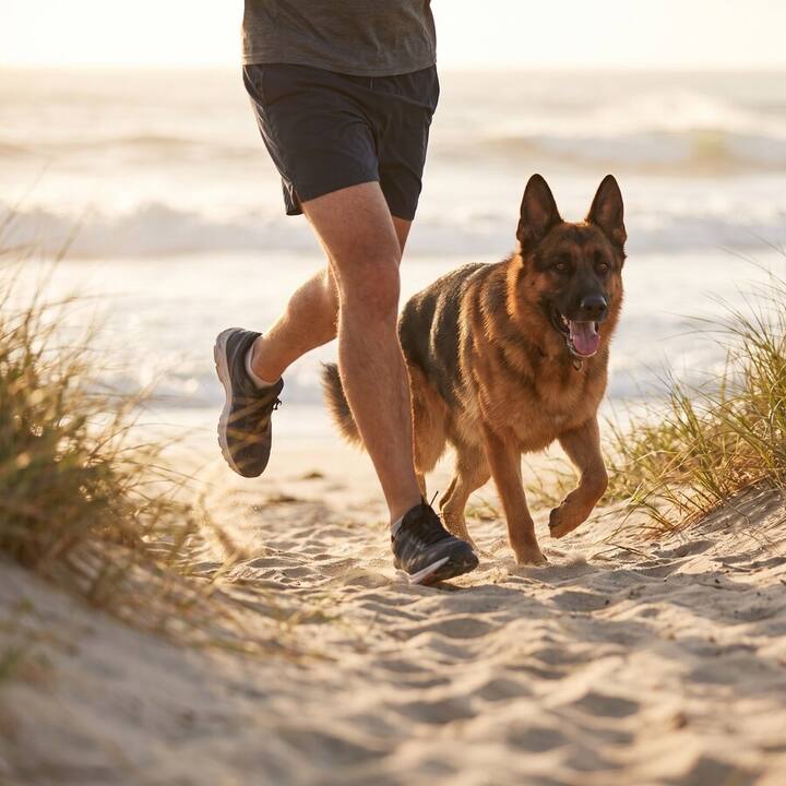 An active dog running on the beach