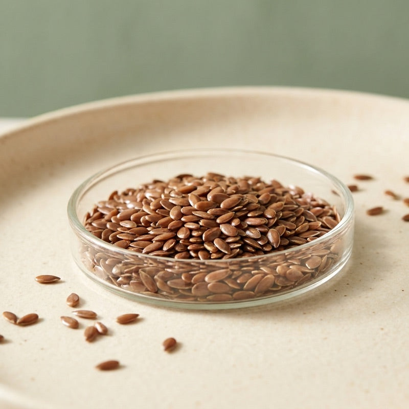 Flaxseed ingredient in a glass dish