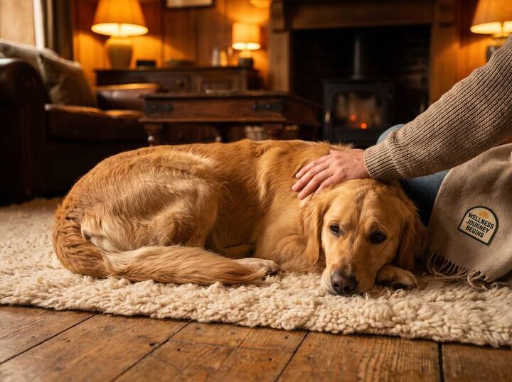 A golden retriever resting calmly by the fire on day one