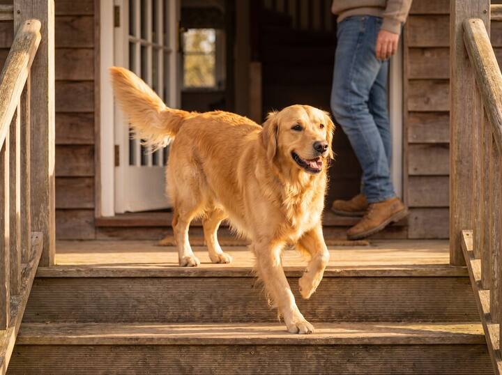 The golden retriever walking confidently down porch steps at week four