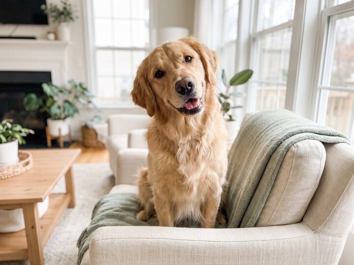 A happy golden retriever relaxing at home
